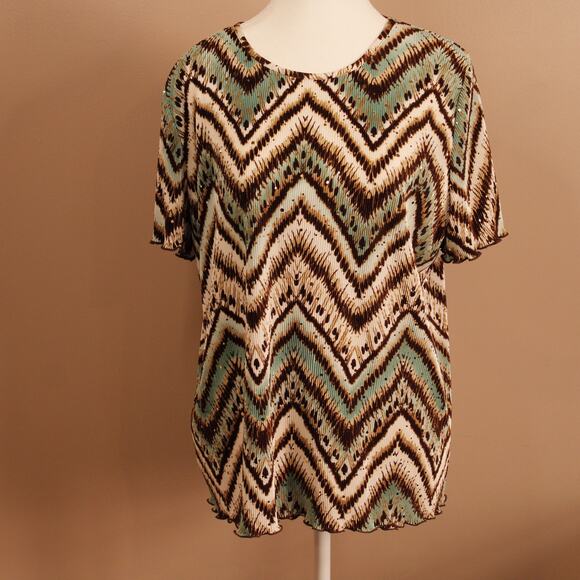 VTG Alfred Dunner Lightweight Ruffle Edge SS Top Green & Brown Glittery sz M - Picture 1 of 9